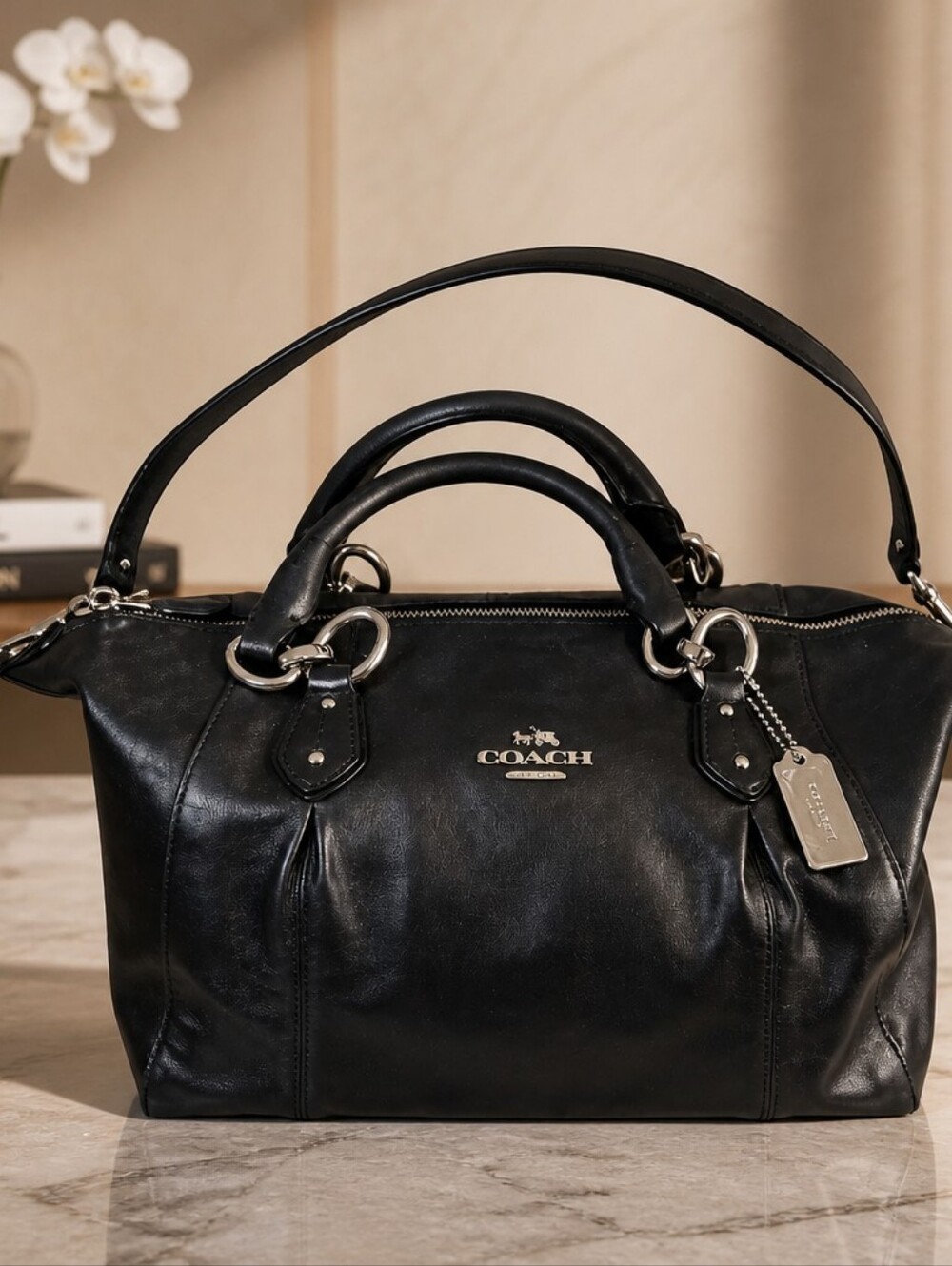 Coach Black Leather Satchel with Silver Hardware EUC ADDED NEW METAL HANGTAG